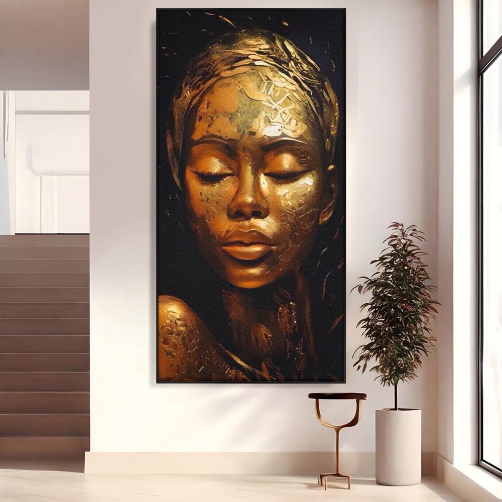 Tablou canvas cu tablou canvas cu femeie africana aurie, in rama de aluminiu negru